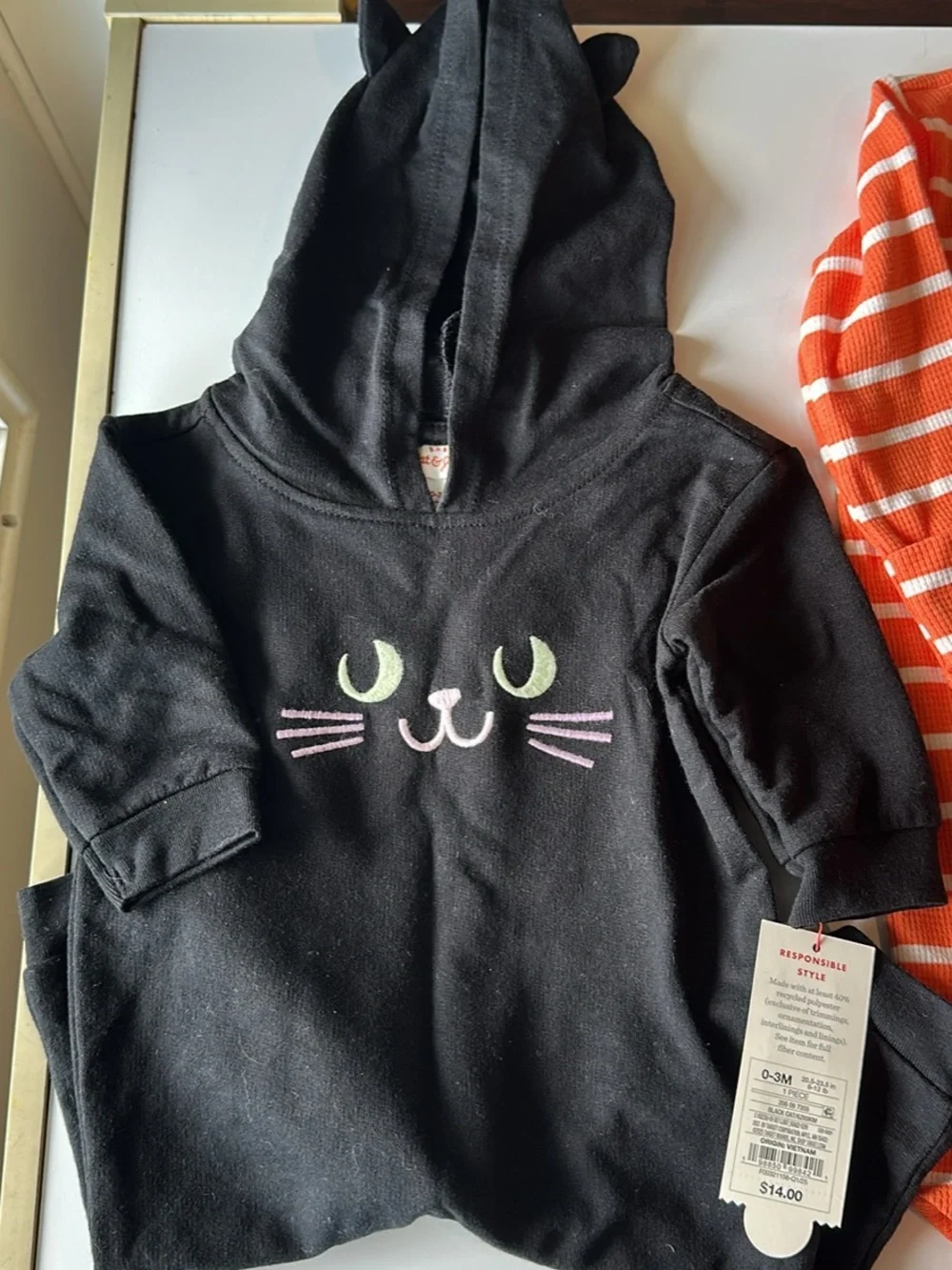 Carter's Black Cat Hooded Romper & Orange Striped Pumpkin Footie Set